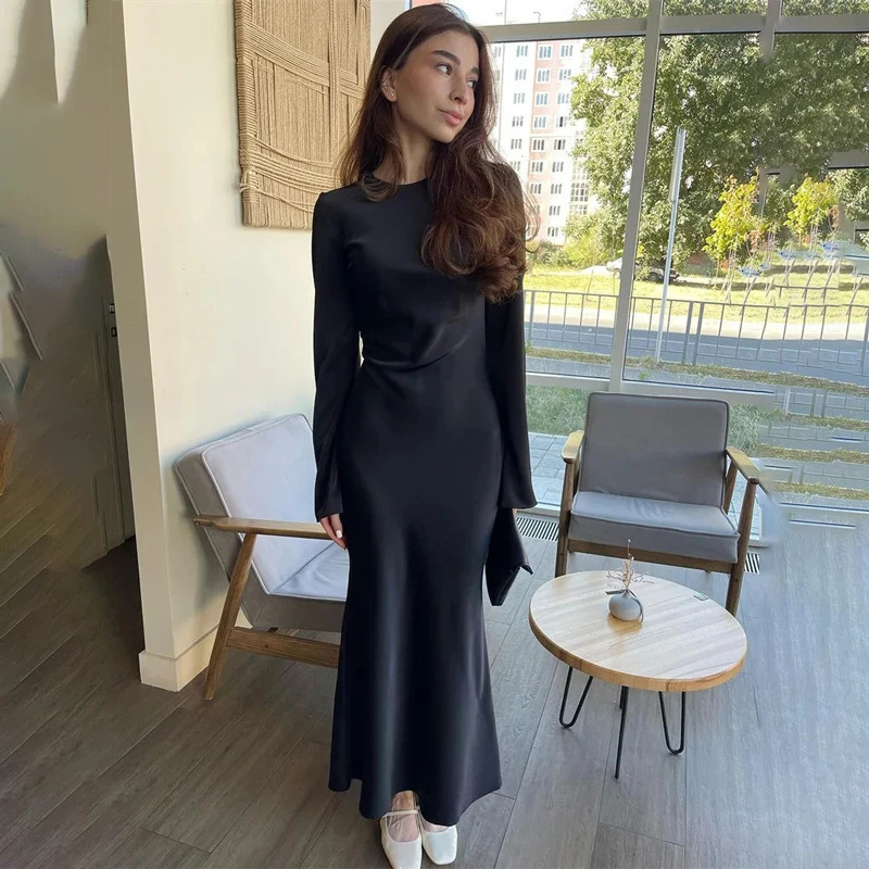 Fashion Slim Maxi Dress For Women Long Sleeve High Waist Elegant Solid Party Dress Casual Ladies Autumn Dress 250704