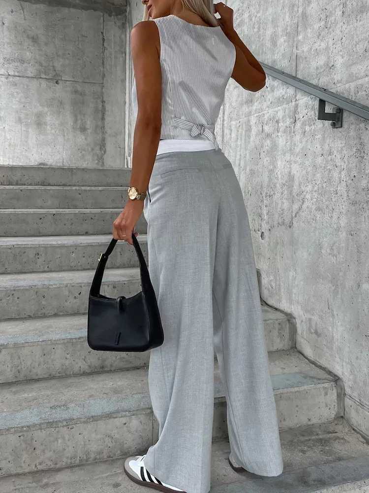 2025 Autumn Casual Suit sets for women 2 pieces V-neck Slveless Colorblock Vest Top Ruched Pants Set Trousers Y2K Mujar X250704