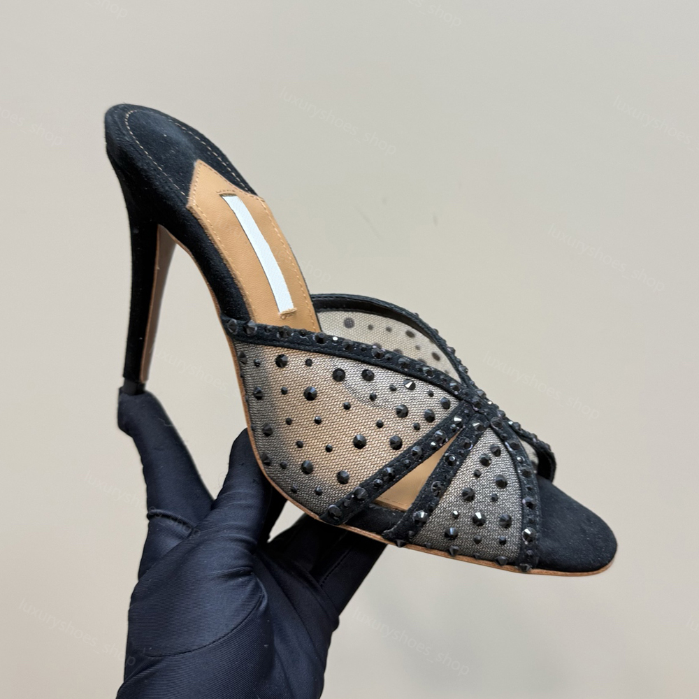 New Designer Crystal Lover leather-trimmed mules high heel sandals Slipper spool Heels shoes women's Luxury Designer Evening Party shoe factory 10cm box Size 35-42
