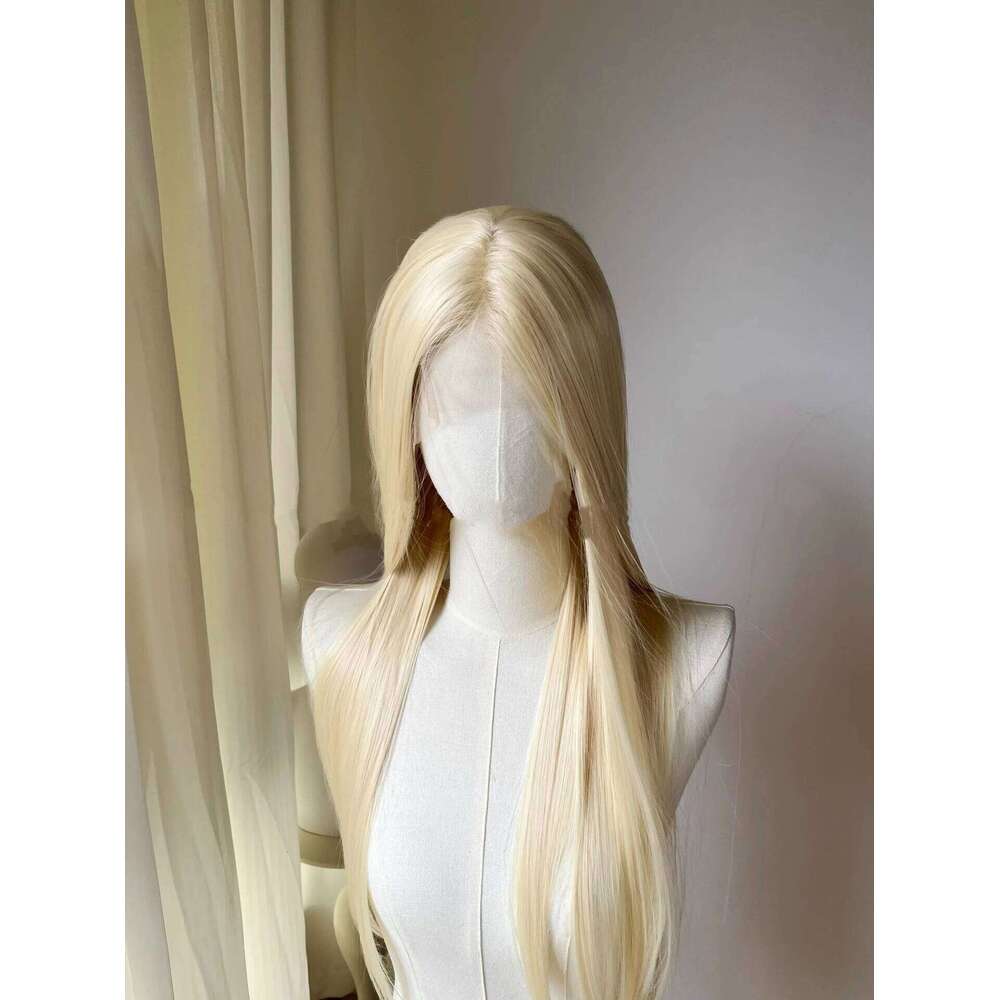 Light Gold 13 * 4 Hand Hook Front Lace Headset, High Temperature Spinning, Long Straight Simulation Hair Wig
