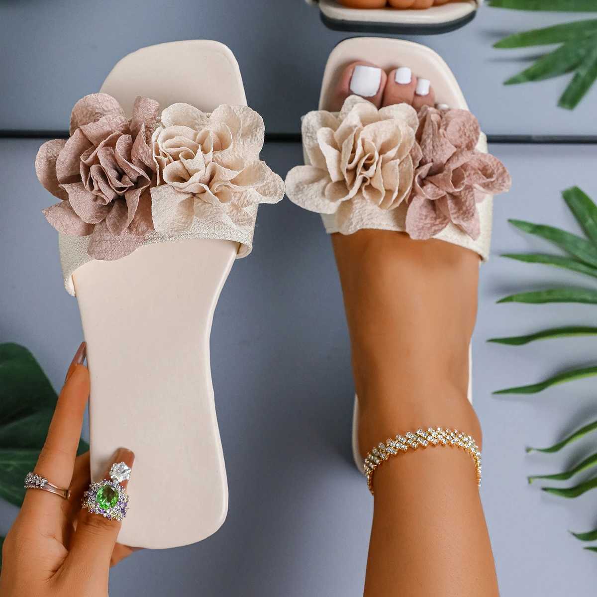 2025 Summer Ladies Shoes Open Toe Womens Slippers Fashion Flower Dress Slippers Women Square Heel Shoes for Women W250704