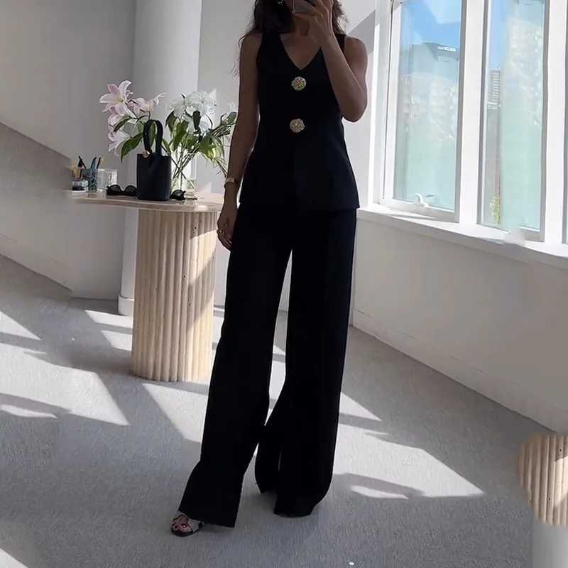 Elegant Office Lady 2 Piece Set Summer Simple V Neck Slveless Single Breasted Button Vest Top Loose Wide Legs Pants Suit X250704