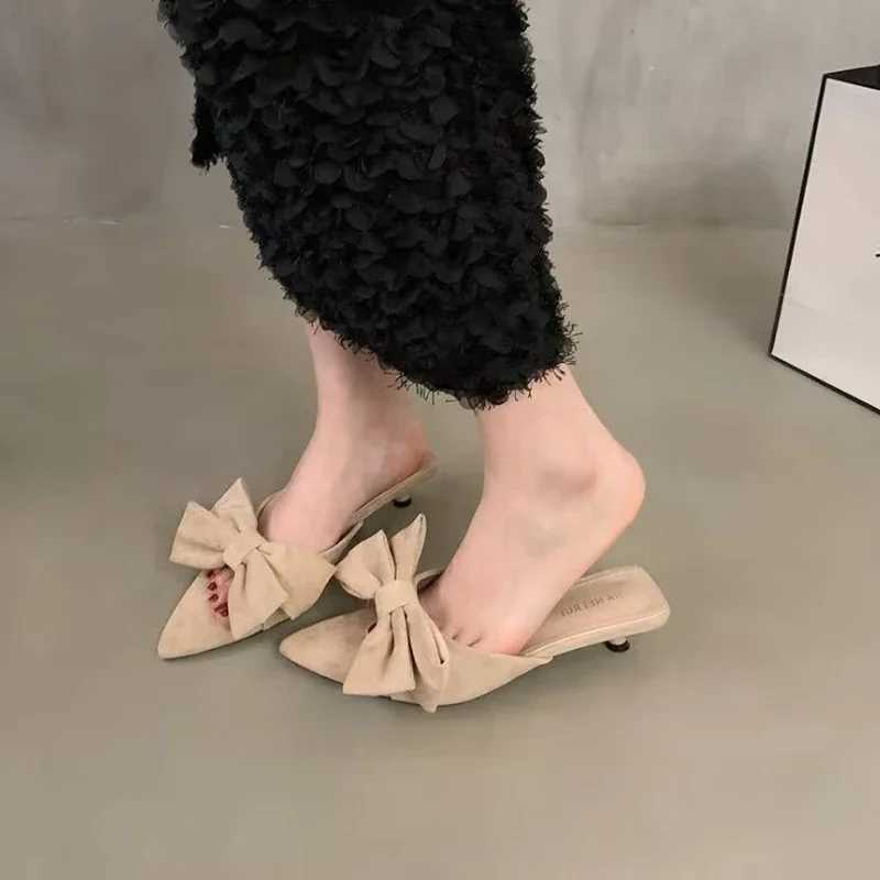 Low-heeled pointed fairy-style sandals apricot womens 2025 new summer bow French temperament sandals large size womens shoes W250704