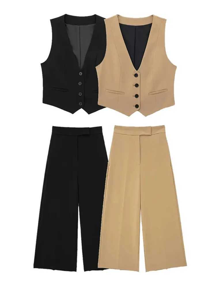 TRAFZA Womens Slveless Vest Suit V-neck Single-breasted High Waist Side Pocket Womens Straight Leg Pants Business Suits X250704