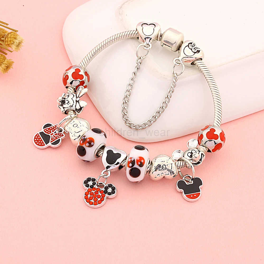 DISNEY Classic Red Enamel Heart Mickey Minnie Charm Bracelet for Women Girl Boy Gift Silver Color Cartoon Animal Disney Beads Bracelets W20250704