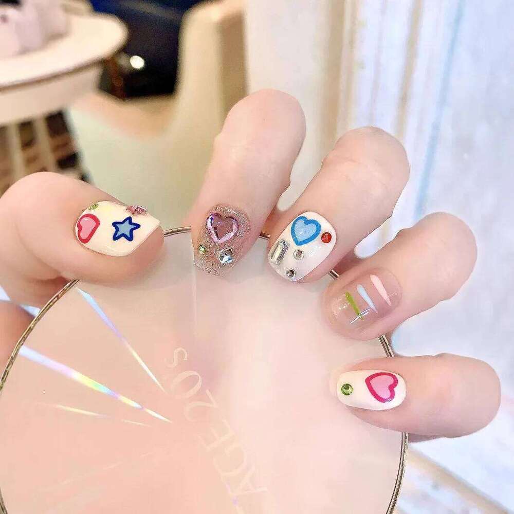 10pcs Handmade Glitter Short Square False Nails with 3D Rhinestone Design Nail Art Set for Party Dance Wear X250704
