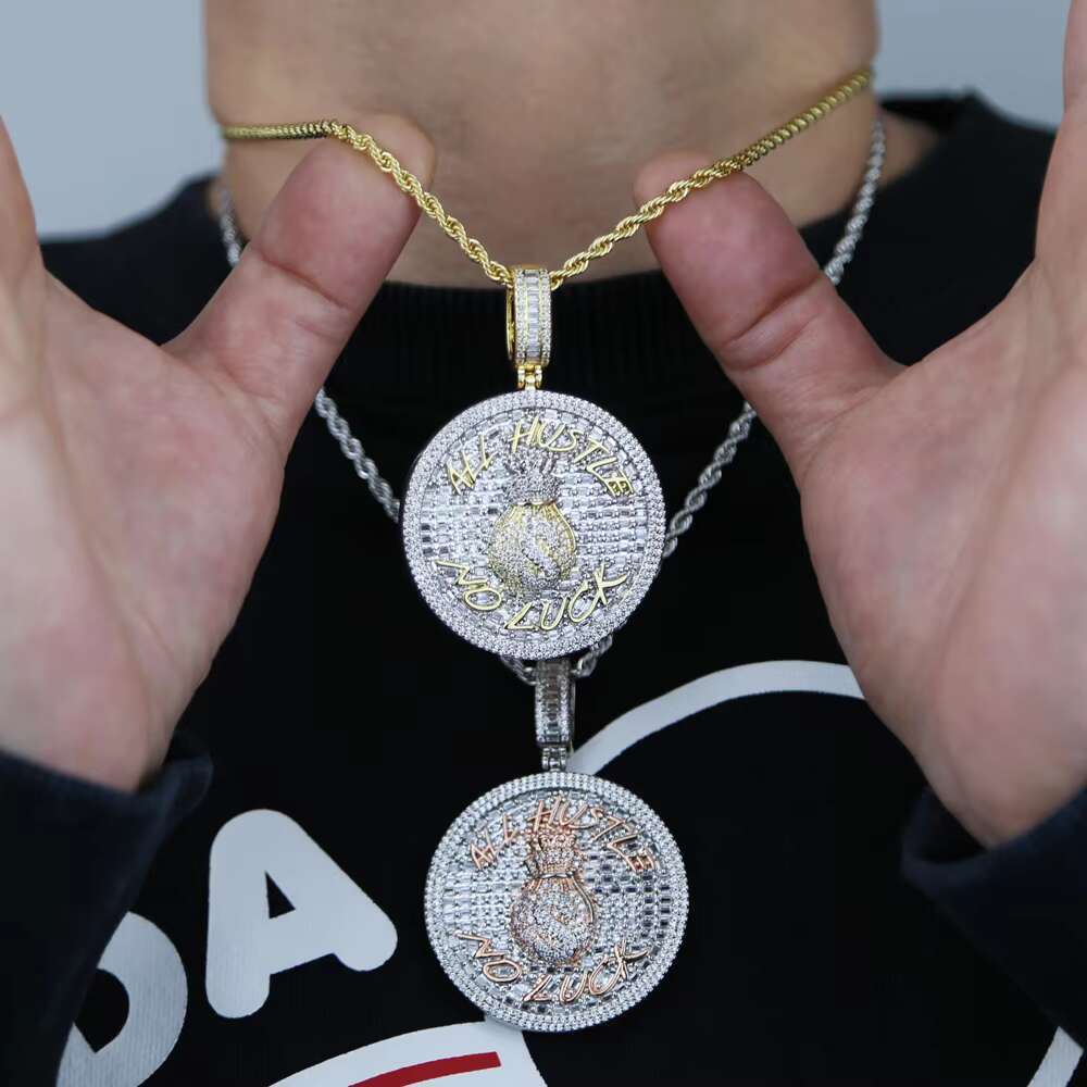 All Hustle No Luck Hip Hop Pendant Iced Out Bling Moissanite vvs1 Geometric Round Pendant Money Bag Necklace