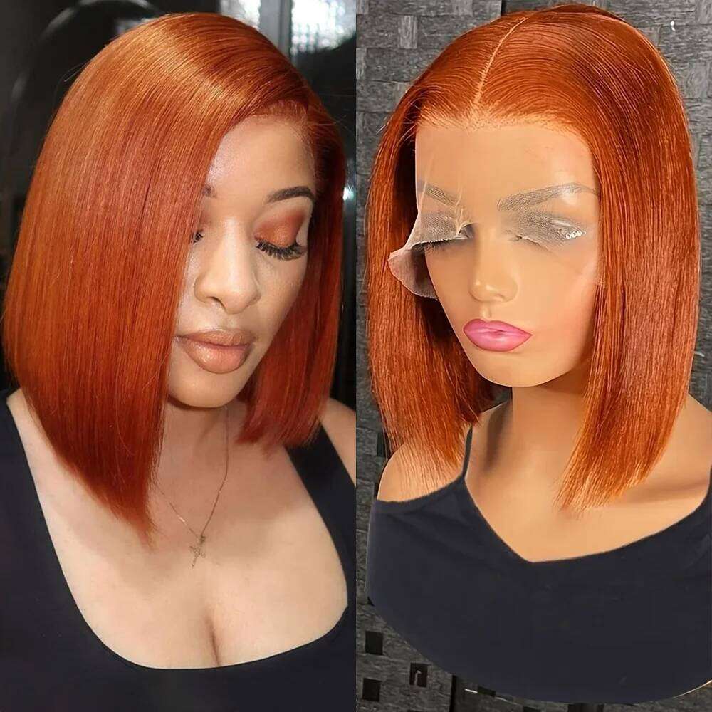 350 Ginger Orange Short Bob Straight Front Human 13x4 HD Lace Frontal Wig 200 Density Brazilian Hair Wigs