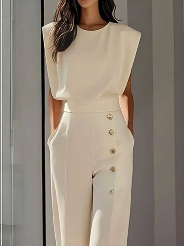Fracy Women Elegant Jumpsuit Solid White Round Neck Cap Slves High Waist Wide Leg One-piece Suit Side Buttoned Coveralls X250704