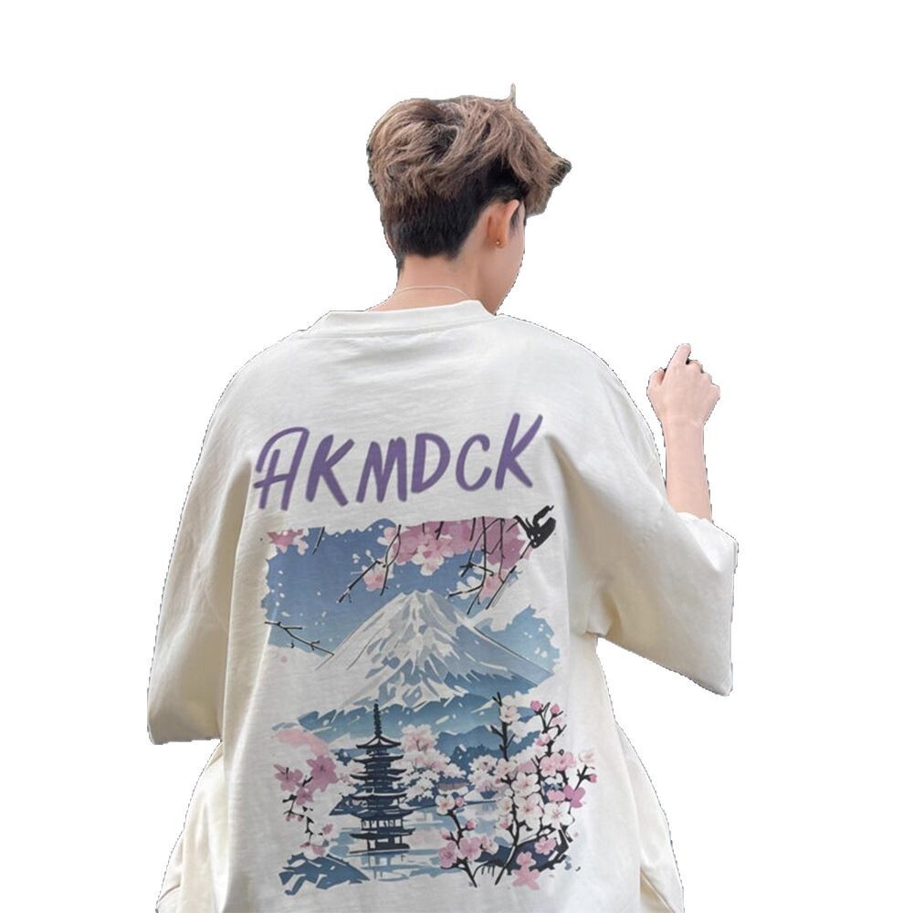Mount Fuji Print Round Neck Short Sleeve T-Shirt for Men Designer short sleeves 2025 Summer Thin American High Street Fashion Brand Five-Sleeve Couple