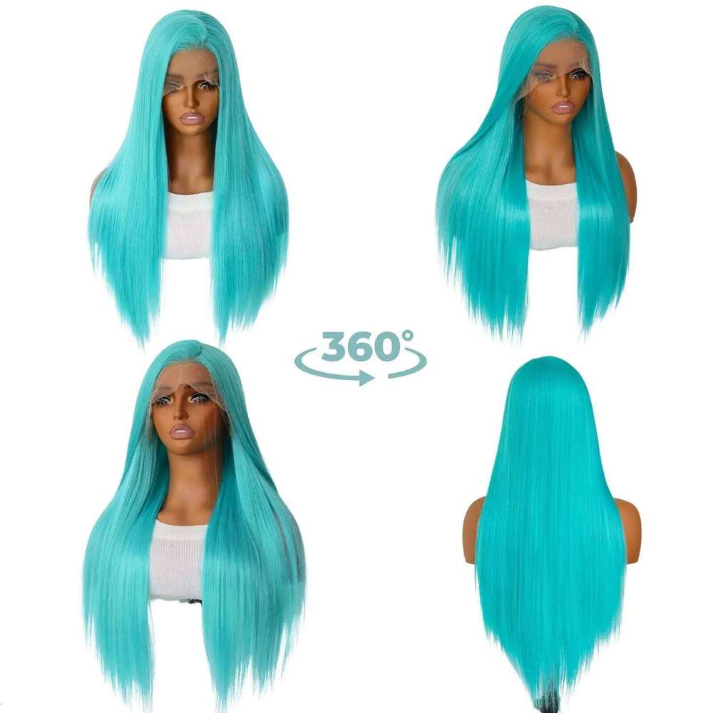 Blue Color Synthetic Wigs for Fashion Women 24 Inch Long Silky Straight Hair Mint Green Wig 13x4 HD Lace Front W