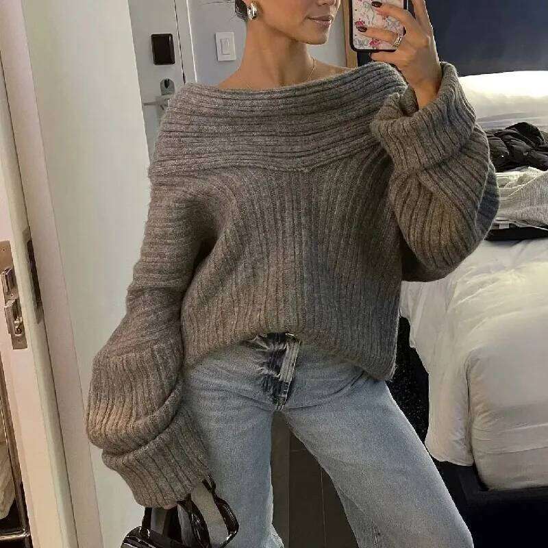 Winter Coffee Rib Knitting Ruched Slash Shoulder Pullover Sweater Women Full Sleeve Loose Thick Knitwear Oversized Jumper Beige 250704