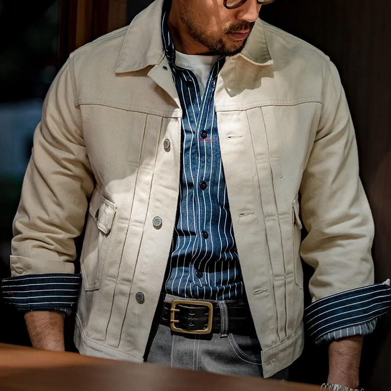 Maden Retro Type II Denim Jackets Beige Cotton Washed Coats for Mens Autumn Versatile Singlebreasted Lapel Outerwear 250704