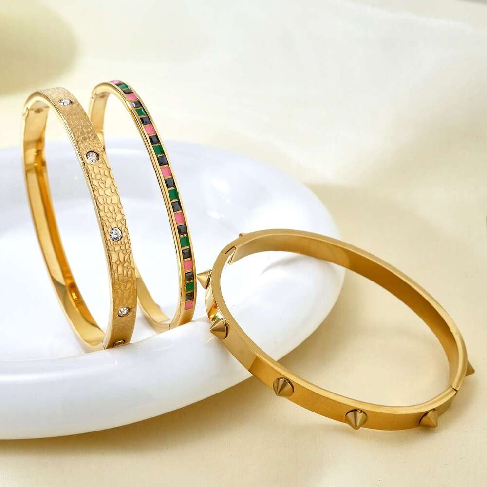 DHCollections 18K Gold Plated Geometric CZ Bracelet - Minimalist Stainless Steel Bangle for Women | Hypoallergenic Fashion Jewelry (58g)