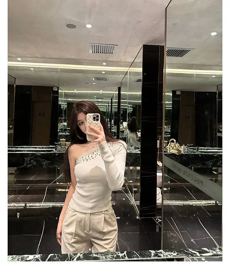 Neck Off Shoulder Elegant Pullover Knitted Top Pull Femme Irregular Diamond Sweaters Bottom Shirts Korean Fashion Slim Sexy 250703