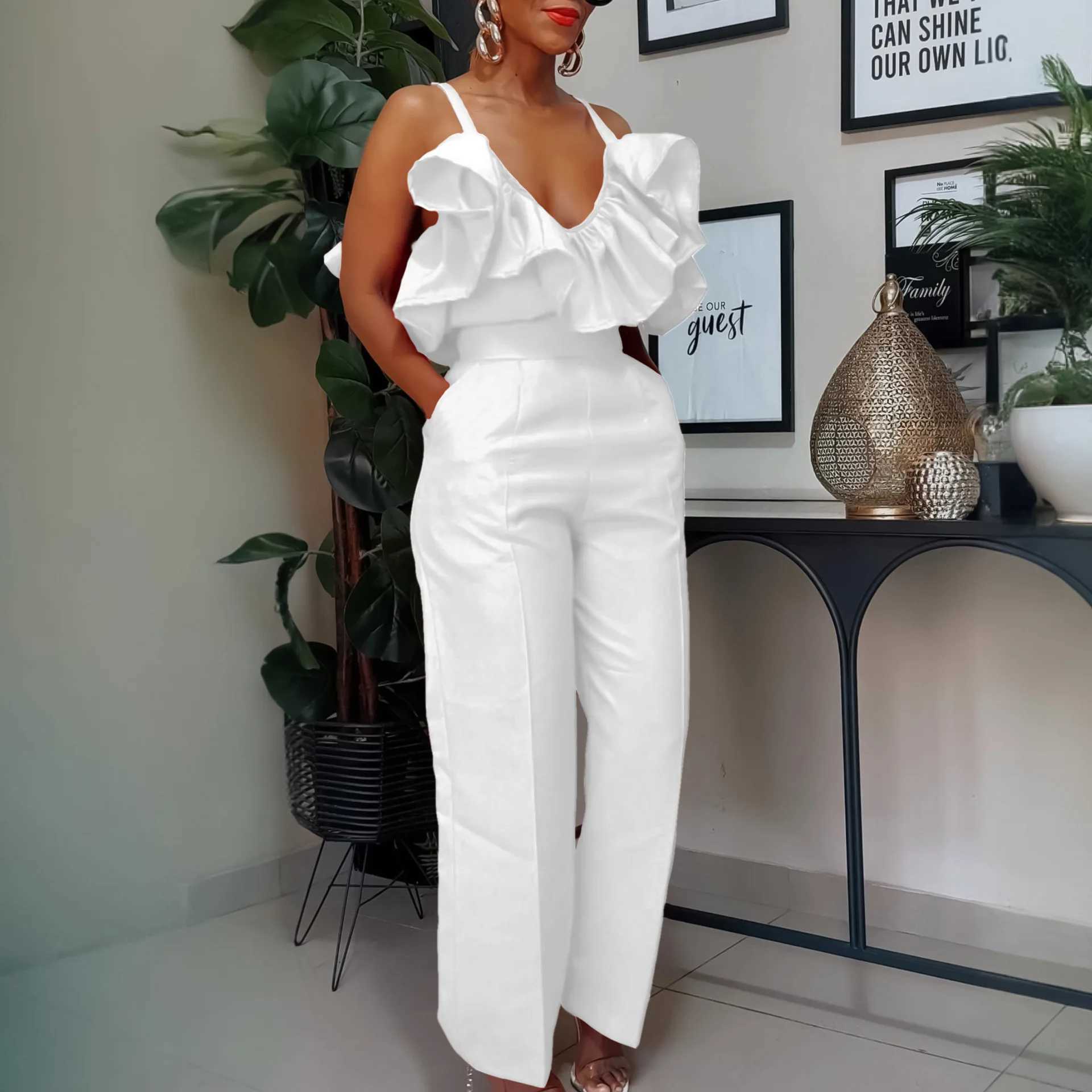 Women Two Pieces Set V Neck Strap Crop Tops Ruffles High Waist Pants Sexy Female Suit Summer Fashion Party New 2025 X250704