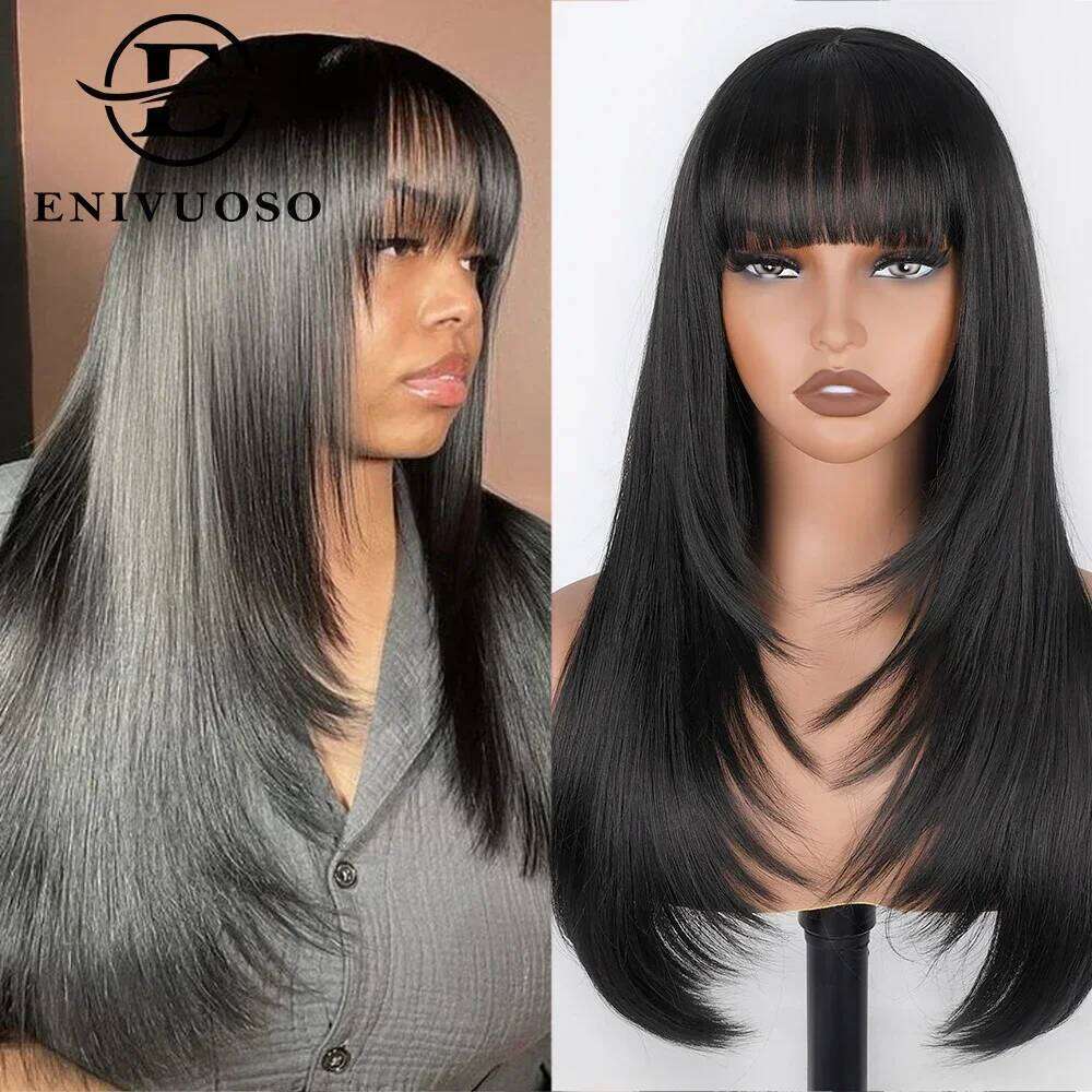 Cut For Women 3X1 HD Lace Synthetic Layered with Bangs Natural Black Straight Glueless Wigs