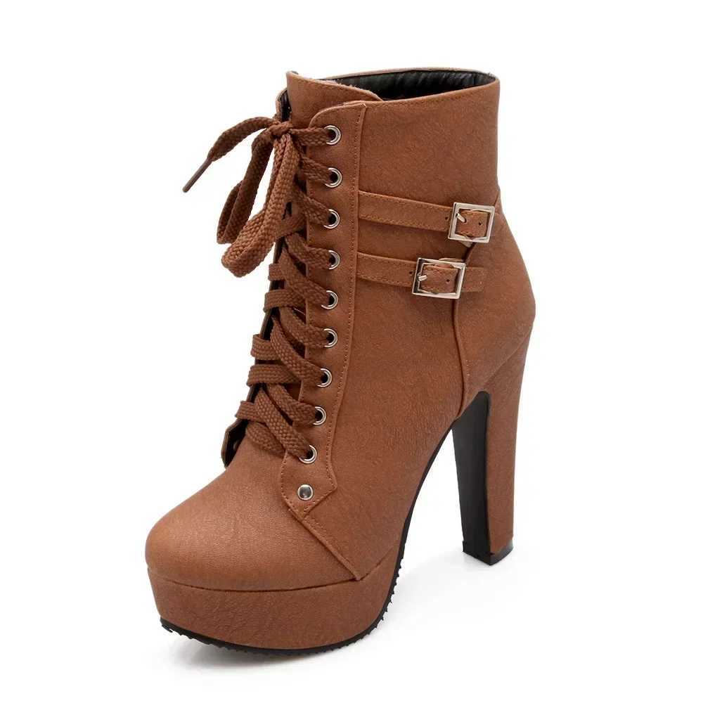 New Womens Pumps Shoes Womens Thick Sole Boots Lace Up Ladies Ankle Boots Comfortable Stiletto Heels Botas Altas Mujer Z250704