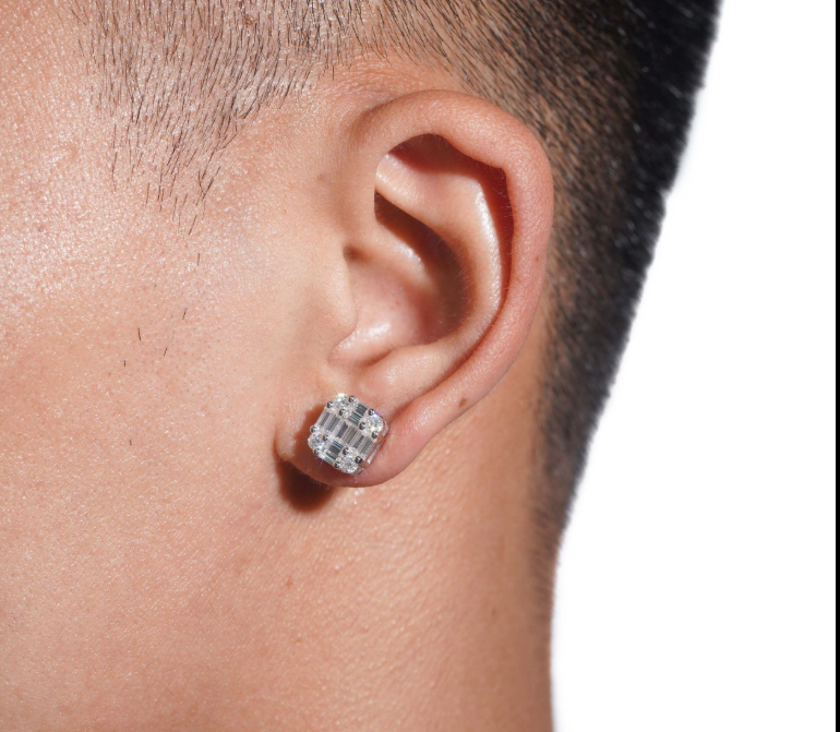 New Arrival Hip Hop Design Baguette Diamond VVS Iced Out Moissanite Stud Earrings for Men