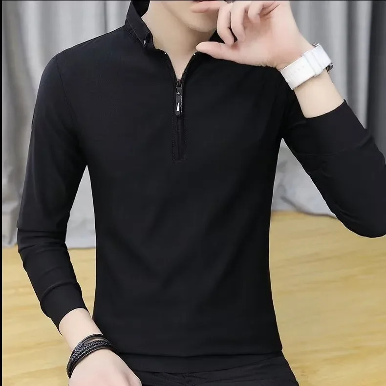 Zip-up Stand Collar Long Sleeve Mens Korean Trendy Casual Polo Shirt Spring Autumn Black Top Base Layer Cross-border Top 250704