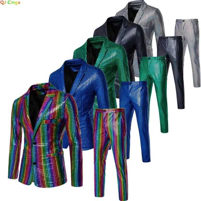 2025 New Blue Striped Suit Two Piece Mens Fashion Suit Jacket and Pants Black Green Silver Male Sets Size S M L XL XXL XXXL X250704