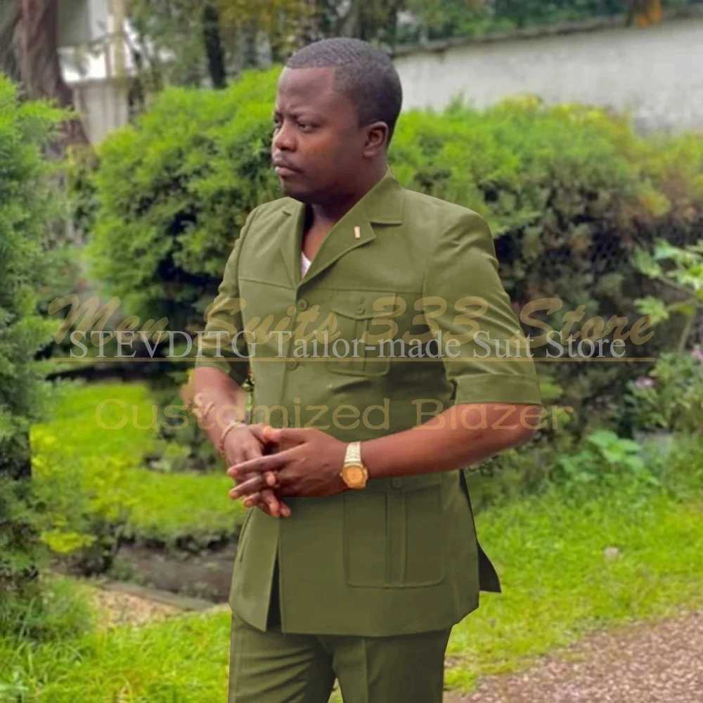 Safari Men Suits with Short Sleeve 2 Pieces Single Breasted Stand Notch Lapel African Fashion Style Set Jacket Pants X250704