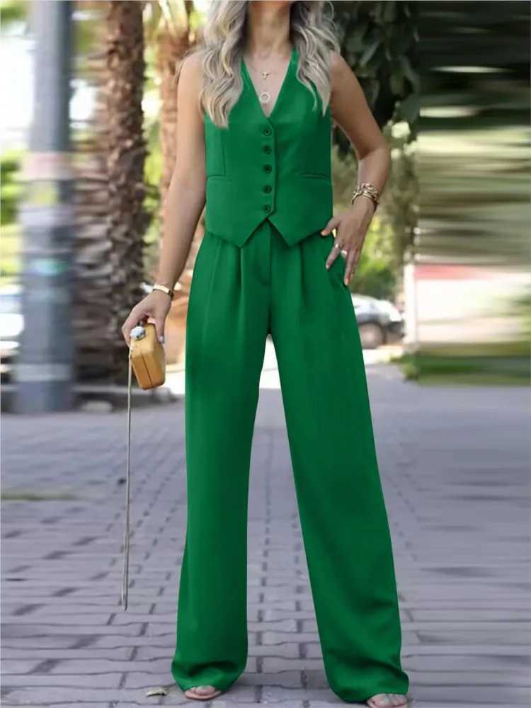 casual slveless suit set office lady spring summer elegant slim v-neck blazer tops pants two piece set women outfit 2024 X250704