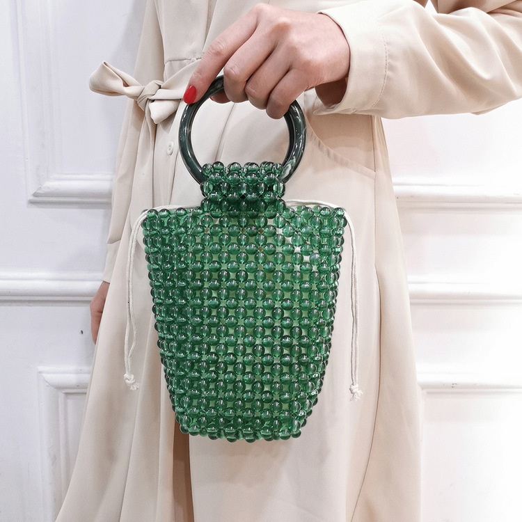 Free Shipping Designer's New Handmade Bead Crystal Jade Transparent Handbag Acrylic Hollow Bucket Beach Women's Handbag
