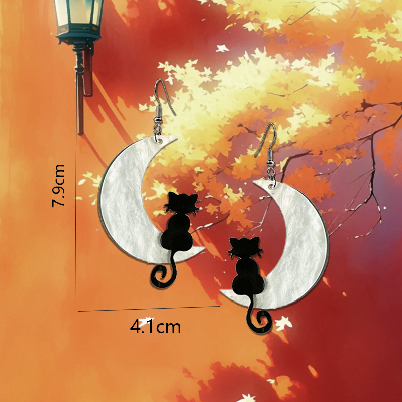 Meow Star Crescent Cat Earrings For Women, Elegant Design Acrylic Moon Ear Drops