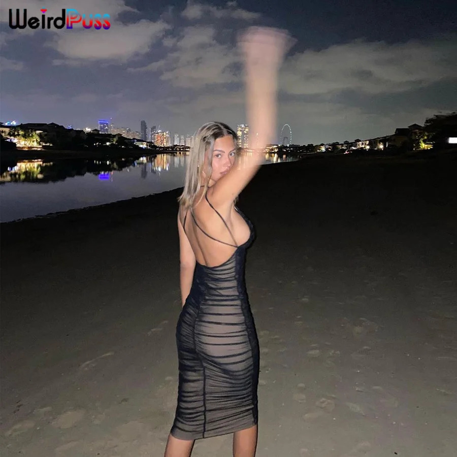 Weird Puss Summer Women Sundress Deep VNeck Double Layer Backless Party Dress Beach Style Prom Trend Elegant Vacation Outfits 250704