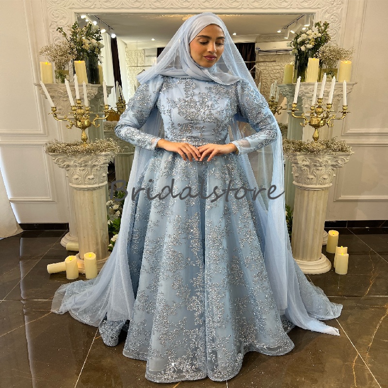Luxury Blue Muslim Prom Dress 2025 Long Sleeve Islamic Sequin Lace Evening Dresses Abaya Dubai Formal Birthday Dress Special Occasion Party Wear Vesti