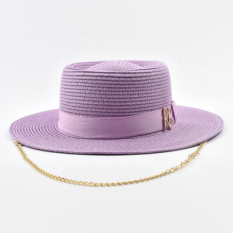 Fashionable Metal RB Letter Straw Hats for Women Elegant Ladies Party Dress Hats Summer Travel Beach Sun Hat Chapeau Femme 250703