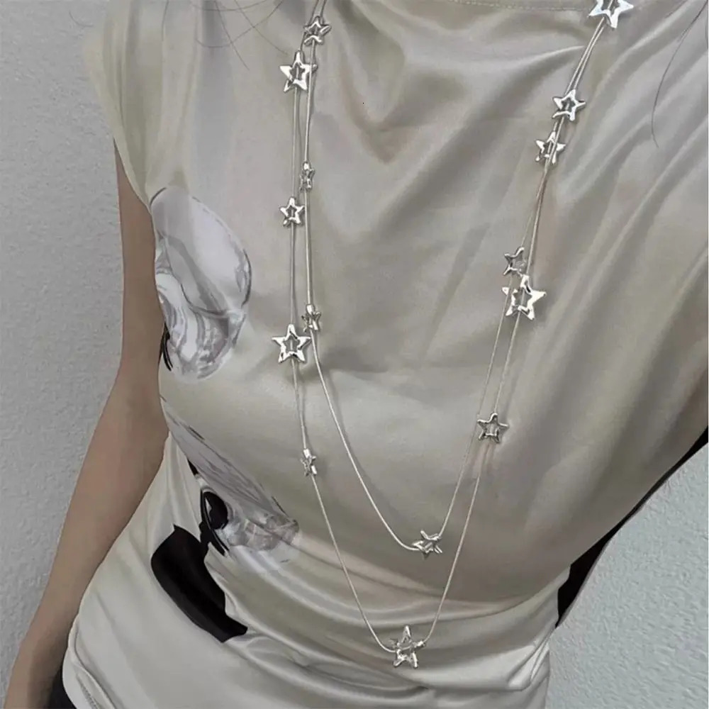 Alloy Pentagram Star Pendant Silver Color Punk Long Chain Necklace Double Layer Y2K Style Choker 250701