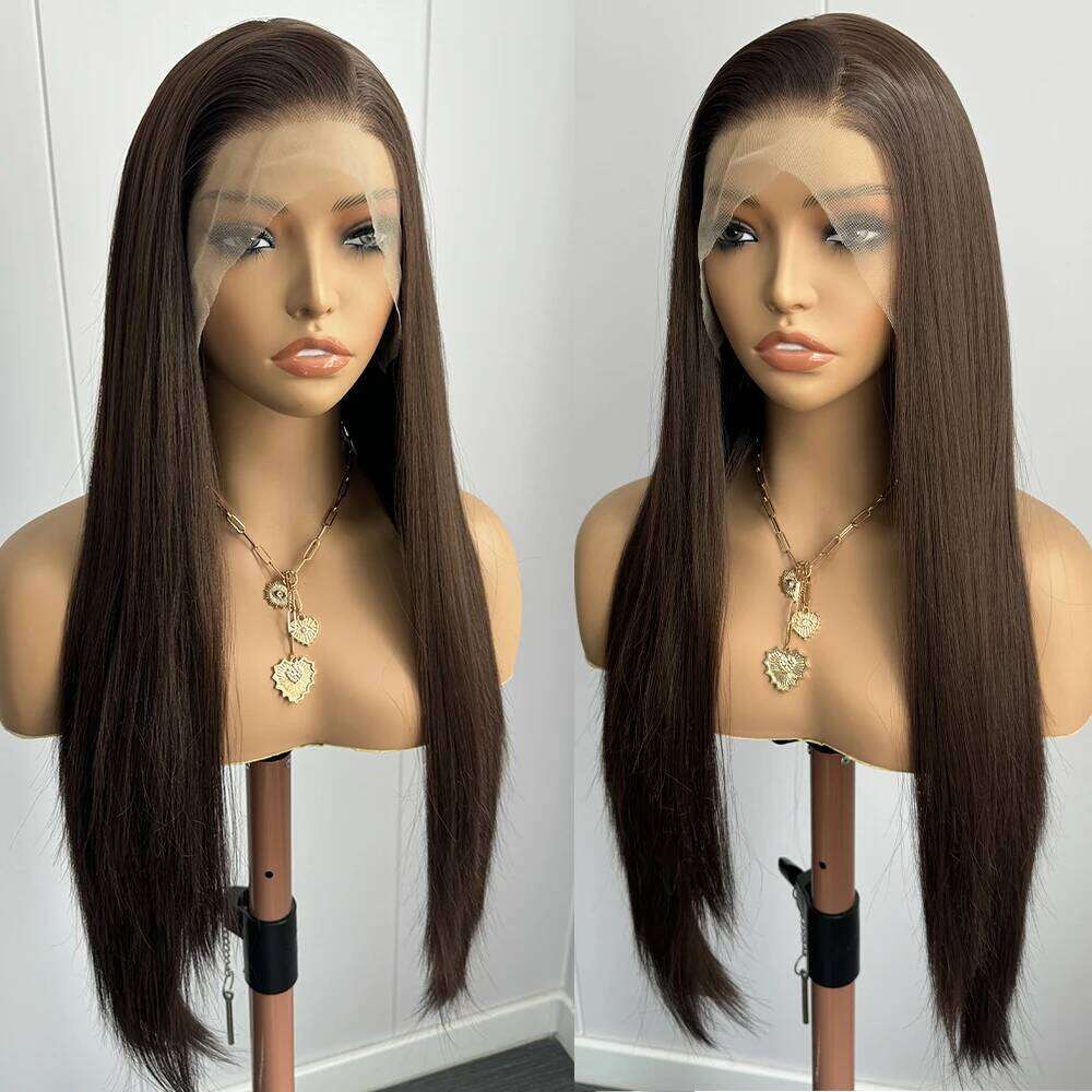 Wig Long Straight Synthetic Front for Women Brunette Hair Dark Chocolate Brown Lace Wigs Daily Use Party Cosplay