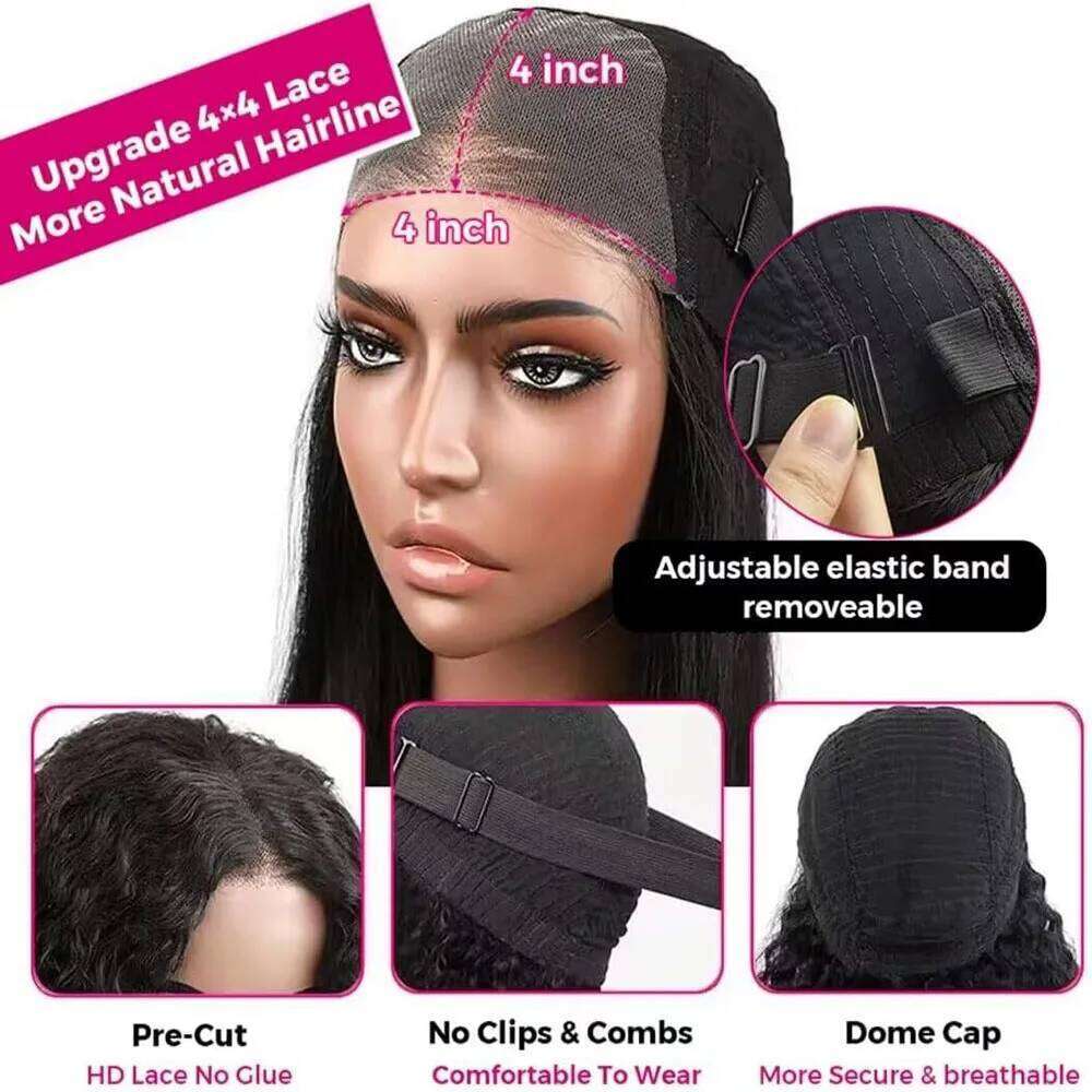 Deep Wear and Go Front Human for Women Transparent 4x4 Glueless Lace Closure Wigs Curly Hair