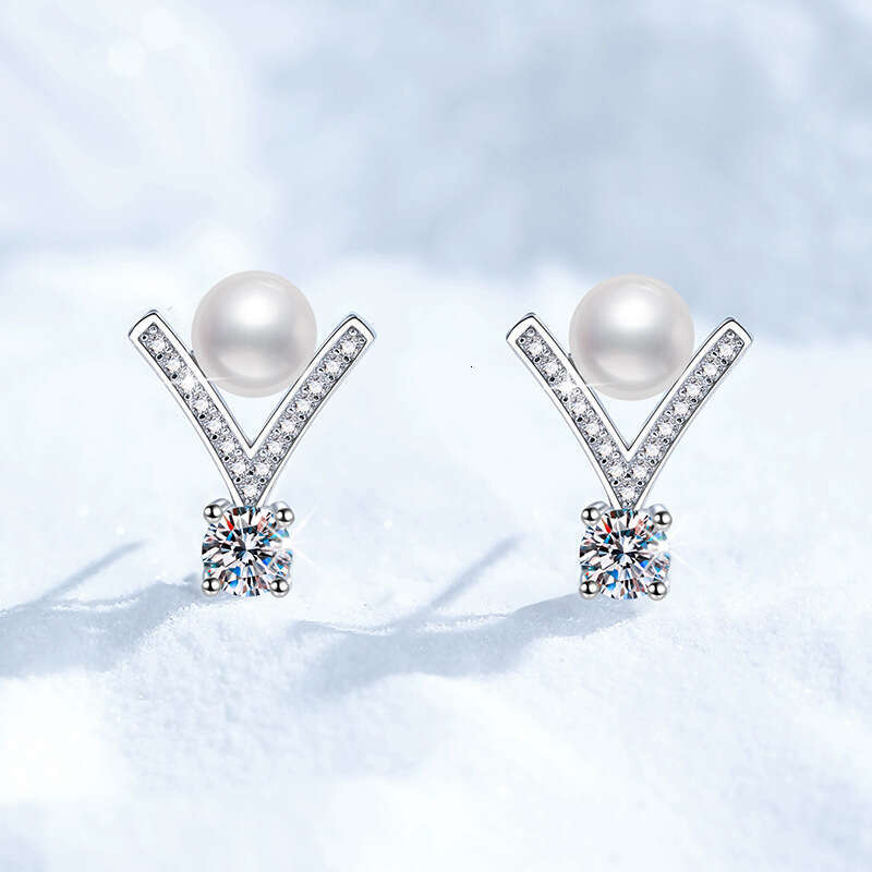 S925 Pure S925ier FreS925hwater Pearl for Women Korean S925tyle V-S925haped S925tudS925 D Color 60 PointS925 MoiS925S925anite EarringS925 812