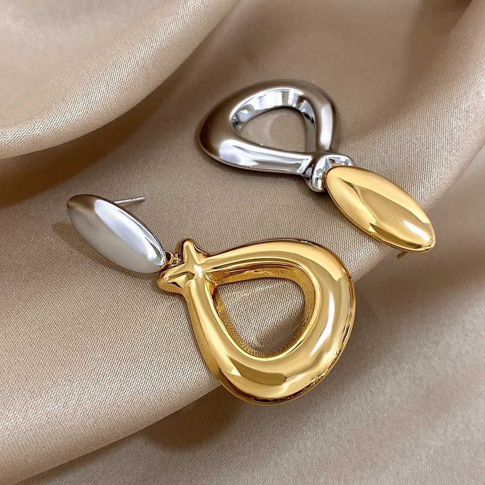 Greatera Fashion Two Tone Stainless Steel Water Drop Earrings for Women Gold Silver Color Hollow Dangle Earrings Party Jewelry Y250704