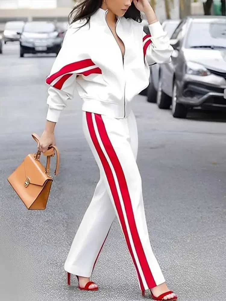 Missuoo 2024 Autumn New Side-Striped Pant Sets for Women Stand Collar Long Slve Jackets and High Waist Casual Straight Pants X250704