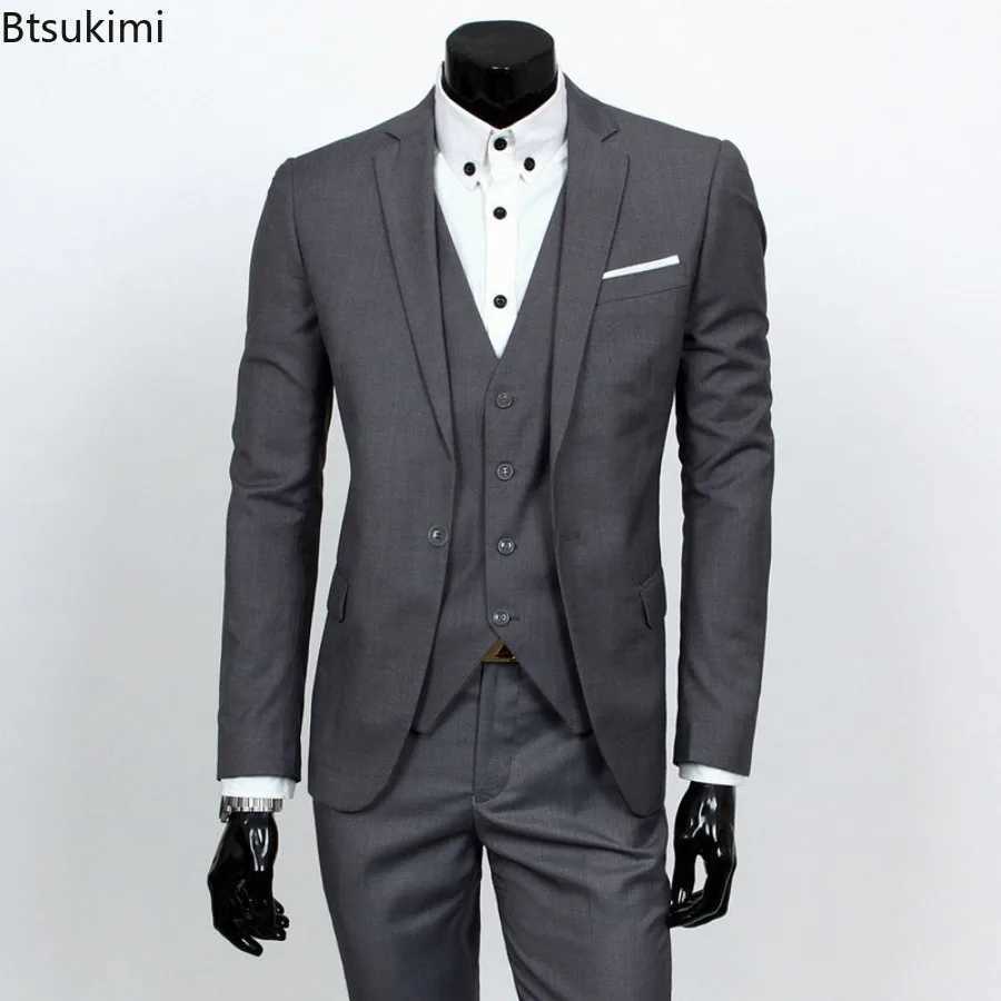 New Mens Fashion Korean Slim Suits Sets Solid Blazer Jacket+Vest+Pants Three Pieces Sets Men Business Wedding Groom Blazer Sets X250704