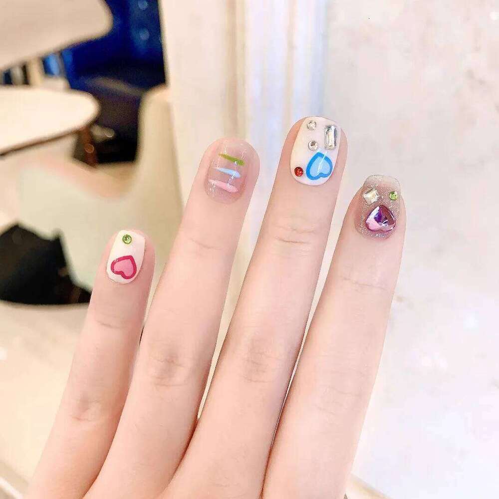 10pcs Handmade Glitter Short Square False Nails with 3D Rhinestone Design Nail Art Set for Party Dance Wear X250704