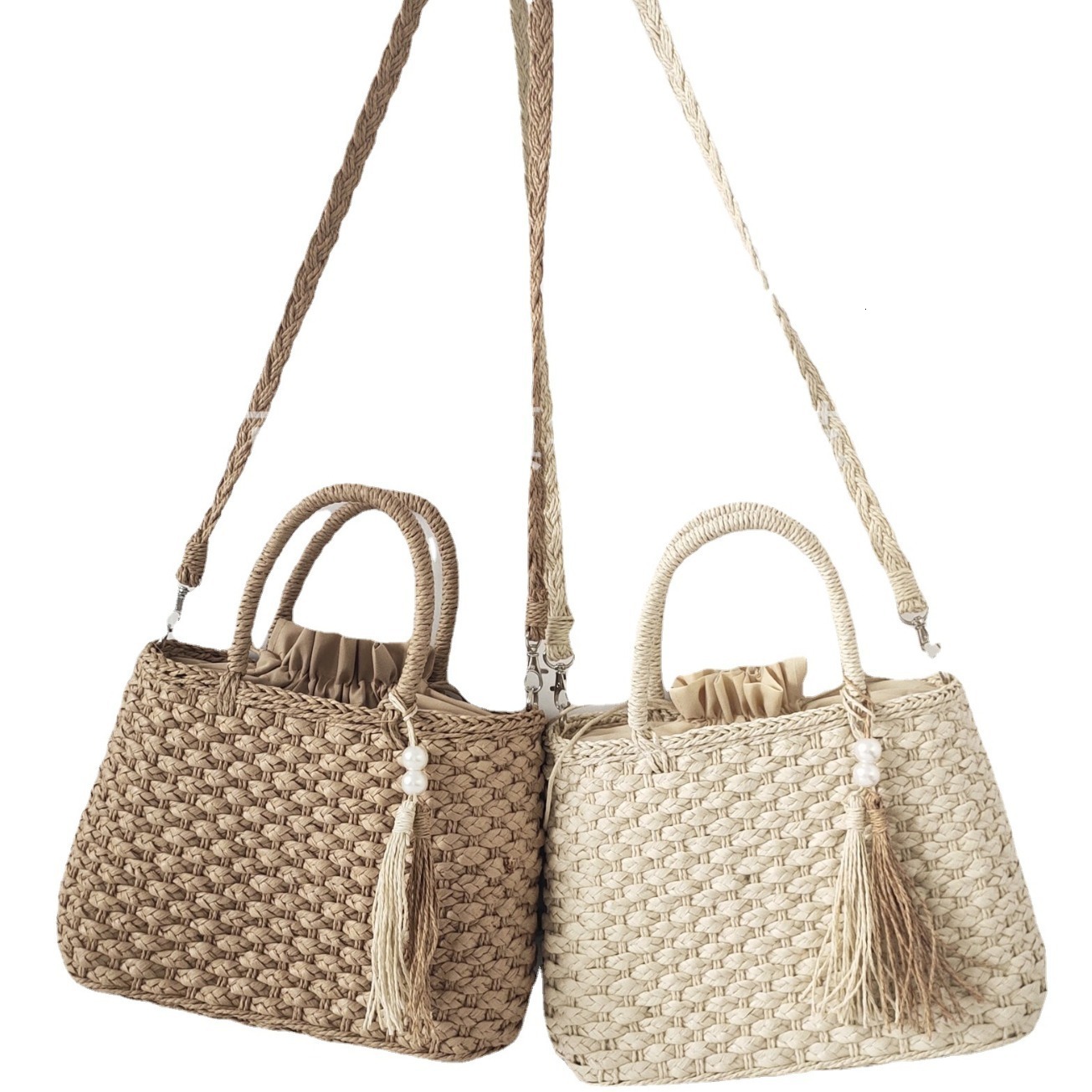 Designer 2025 New Women's Shoulder Bag, Hand Woven Bag, Pearl Tassel Handbag, Slanted Fashion Beach Bag, Wholesale Fashion Trend, Versatile, Free