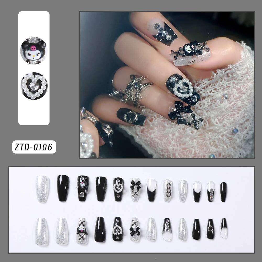 24Pcs 3D kuromi press on nails Y2K Cartoon Handmade Fake Black Gel nail Wearable Nails Cinnamoroll Melody Anime False Nail X250704