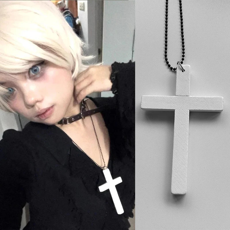 Gothic Cool Y2K Wood Cross Pendants Necklaces Unisex Black White Red Hip Hop Charm Chain Choker Necklace Fashion Jewelry 250701