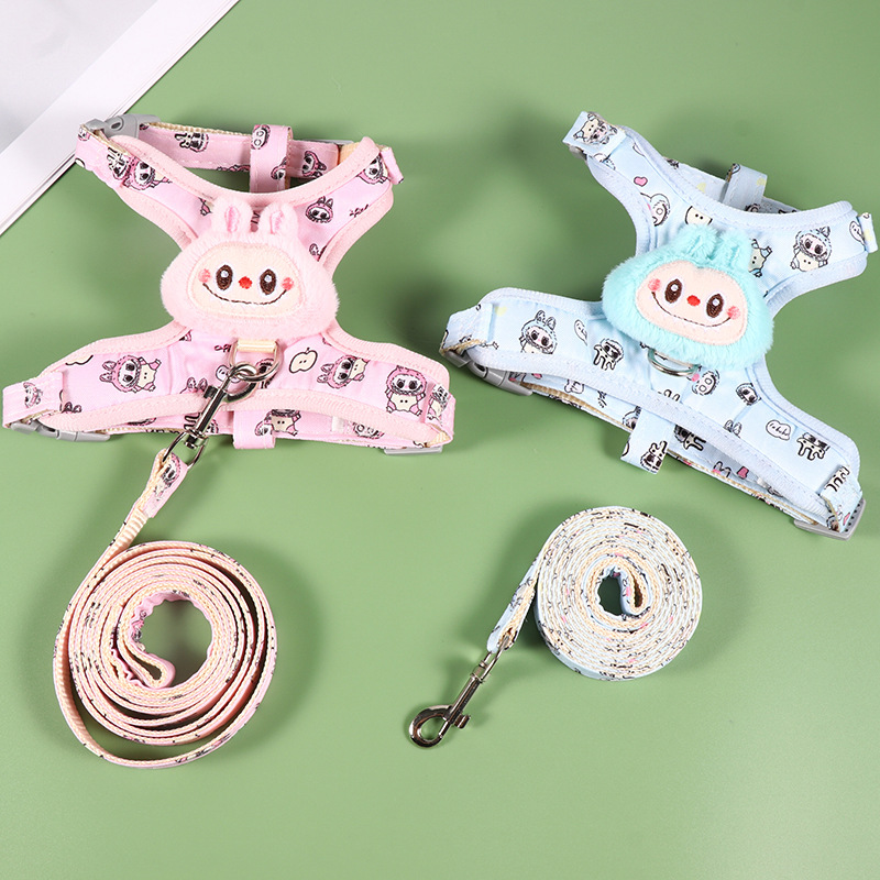 Labubu Dog Harness and Leash set, Step-in Soft Mesh Puppy Cats Harnesses Vest with Cute Doll Decorations, Breathable Designer Harness for Pomeranian, 