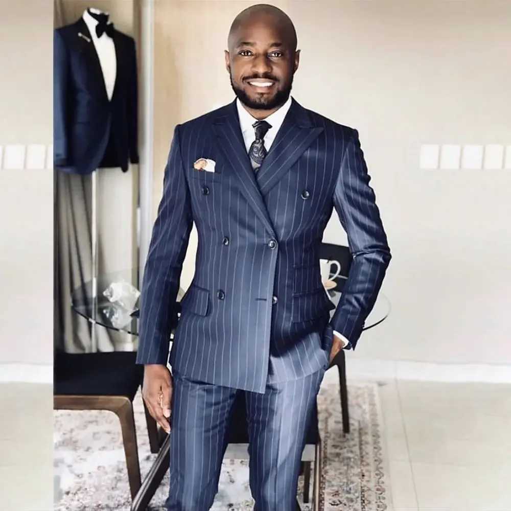 New Arrival Striped Male Suit Blue Formal Casual Wedding Tuxedo 2 Piece Business Peak Lapel Double Breasted Blazer with Pants X250704