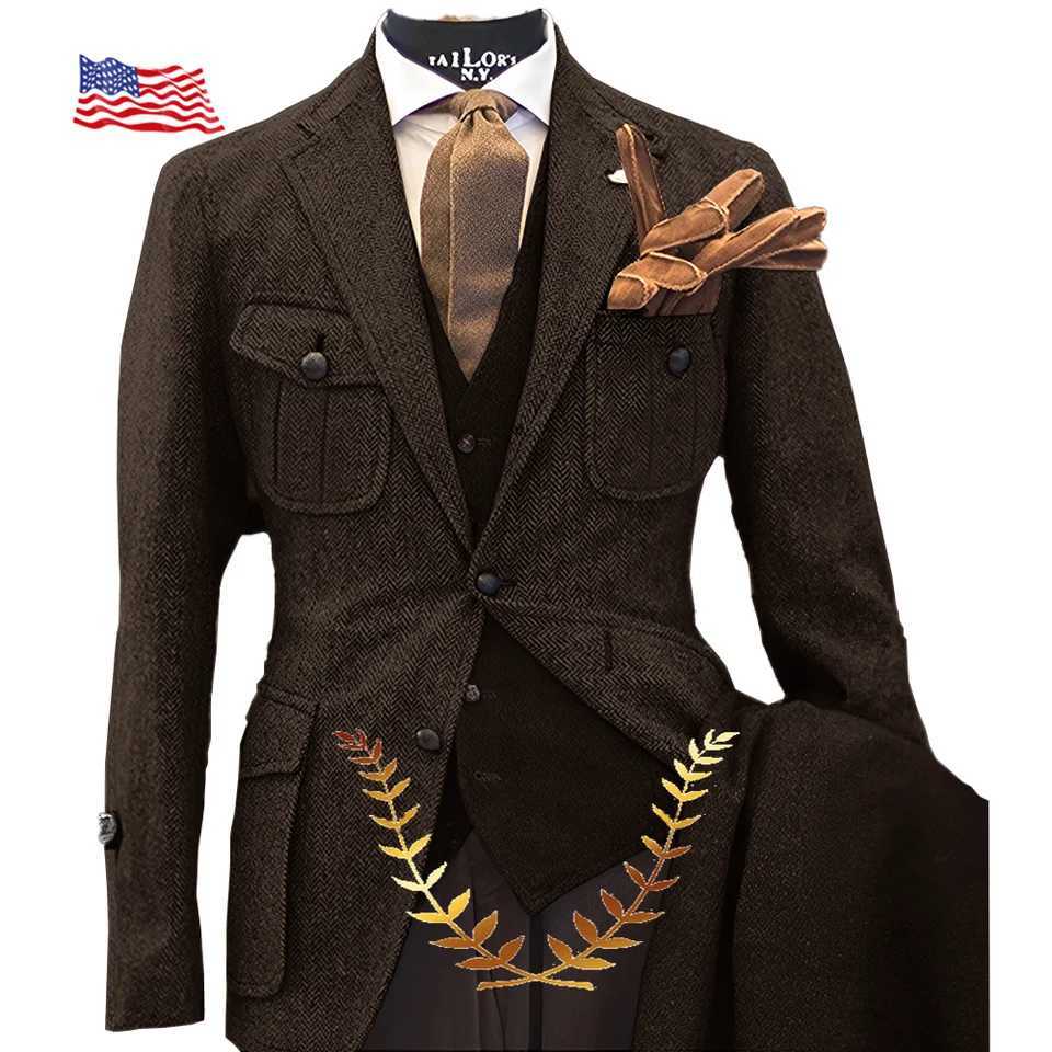 Mens Herringbone Suit Retro Jacket Pants Vest 3-piece Set Khaki Slim Fit Outfit Wool Outfit Winter Casual Suit for Men X250704