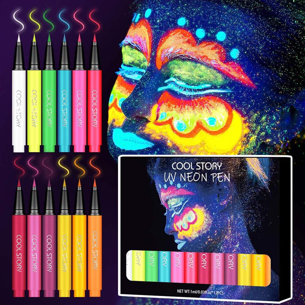 12pc Eyeliner Pencil SetEyeshadow Pen with Fluorescent UV GlowNeon Body Paint Liquid Eyeliner Makeup Pen for Music Festival 250627