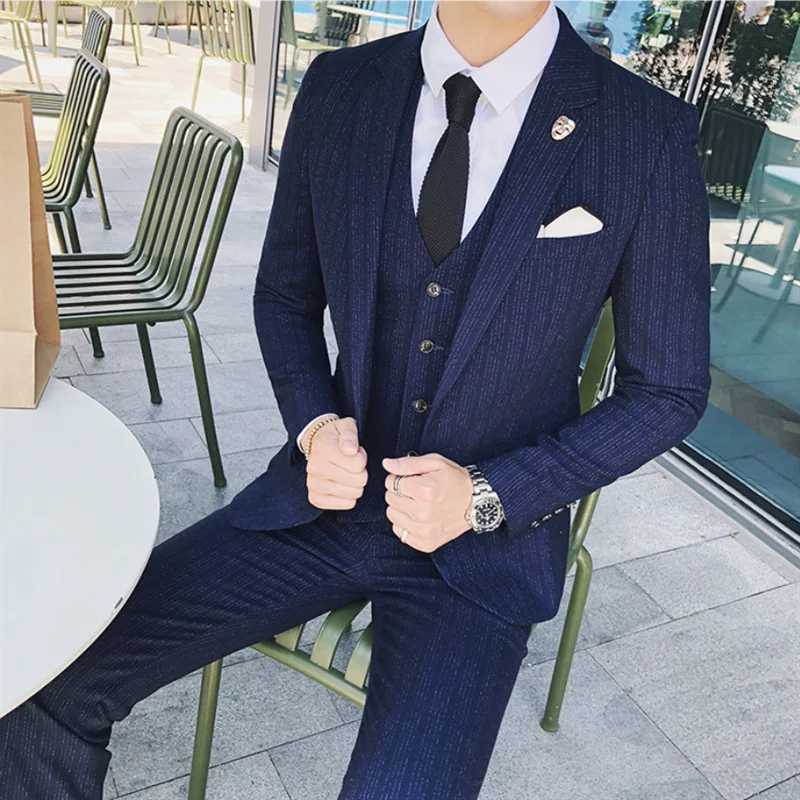 Autumn and Winter New Men Business Striped Suits Black / Blue / Gray Male Wedding Banquet Party Jacket and Pants with Vest X250704