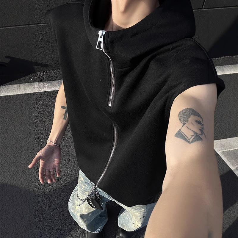 Double Zipper Designer Short Sleeves High-end Design V-neck Solid Color Hooded Men's Slogan Vest Summer Unisex Youthful Trendy Jacket