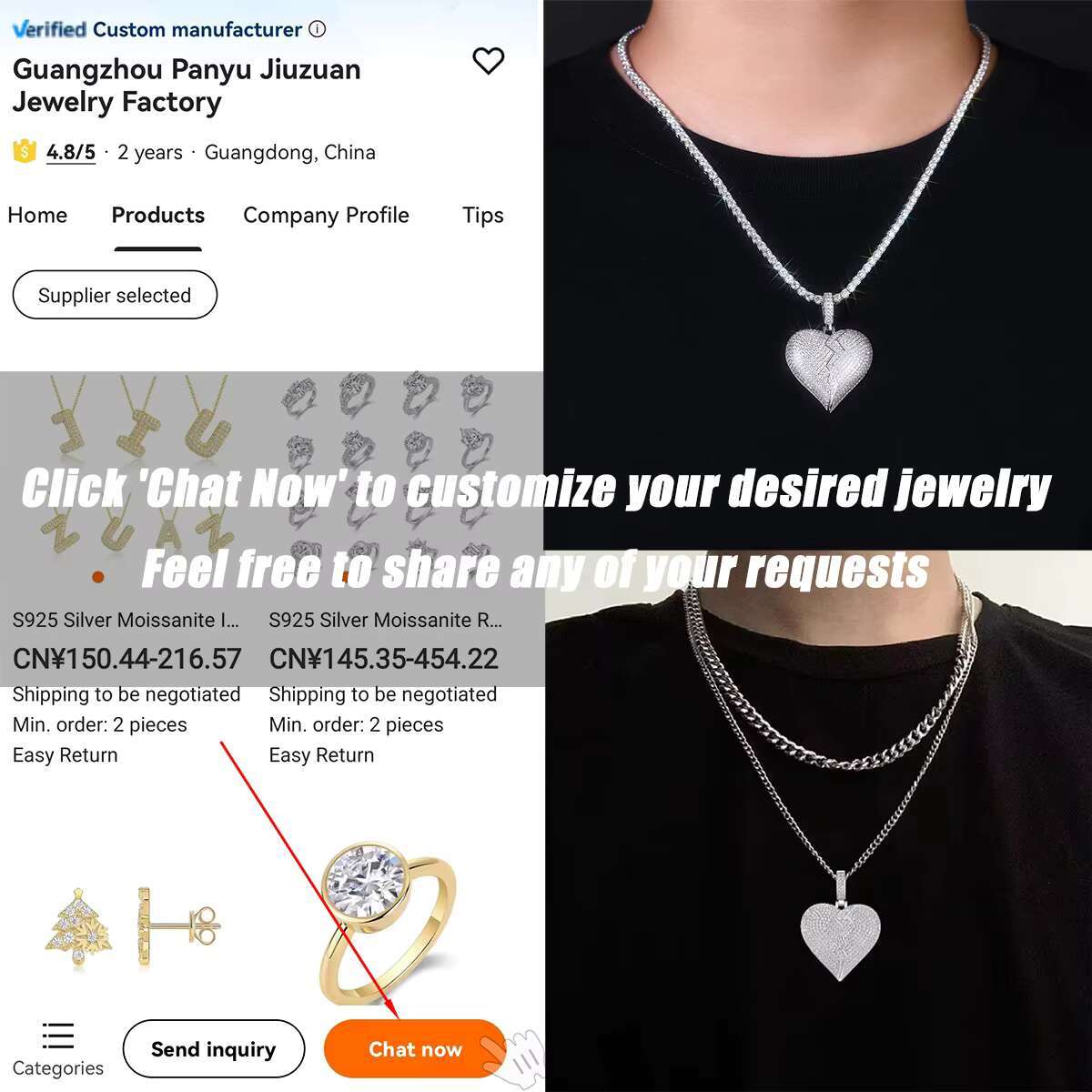 Heart Shaped Moissanite Pendant Necklace 925 Sterling Silver Full Moissanite Pave Design Broken Heart Style 18K Gold Plated